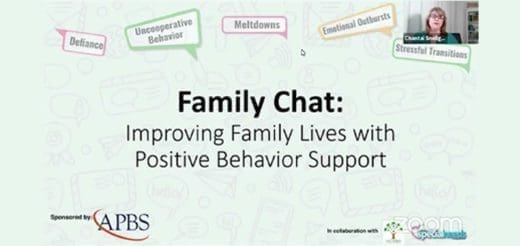 Presentation slide titled "Family Chat: Improving Family Lives with Positive Behavior Support.