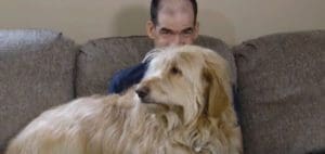 Man peeking over a dog on a couch.