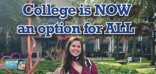 College is now an option for all, with a smiling woman in front of a campus building.