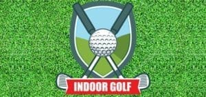 Indoor golf logo with crossed clubs and a golf ball on a green background.