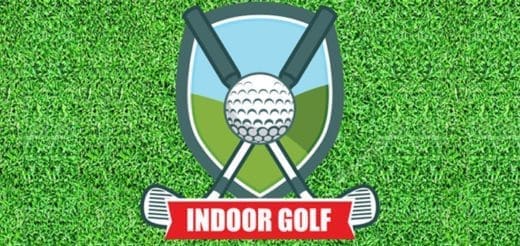 Indoor golf logo with crossed clubs and a golf ball on a green background.