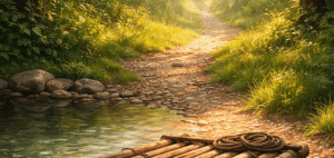 Raft with coiled rope on a riverbank beside a forest path