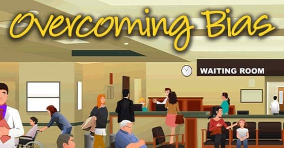 A diverse group of people are shown in a brightly lit waiting room.