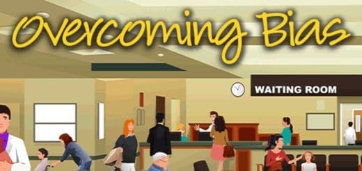 Illustration titled "Overcoming Bias" showing a diverse group of people in a waiting room.