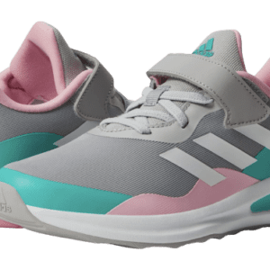 Adidas Kids FortaRun shoes with pink and teal accents on a white background.