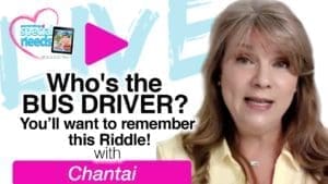 Woman with brown hair and a yellow shirt, title card text "Who's the BUS DRIVER? You'll want to remember this Riddle! with Chantai