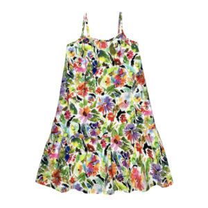Scarlett dress with a vibrant floral print and spaghetti straps.