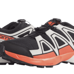 Salomon Kids trail running shoes with orange and white accents on a white background.
