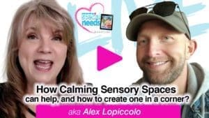 Alex Lopiccolo and a woman smile for a promotional image for "How Calming Sensory Spaces Can Help.
