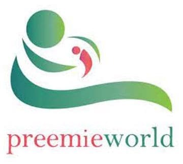 Preemie World logo with green abstract figures and text.