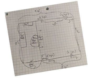 Alex's sketch of a closet with furniture layout and dimensions.