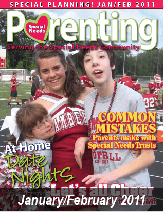 Cover of the January/February 2011 Special Needs Parenting magazine featuring three young people on a football field.