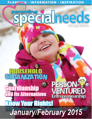Parenting Special Needs Magazine cover, January/February 2015, featuring a smiling child in winter clothing.