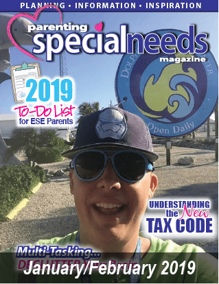 Parenting special needs magazine cover featuring a smiling person wearing a hat and sunglasses