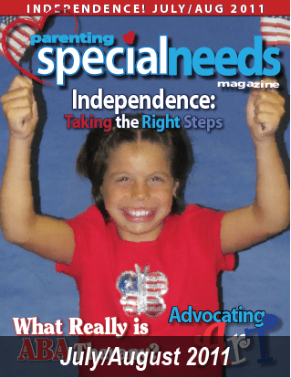 Cover of Parenting Special Needs Magazine, July/August 2011, featuring a smiling child in a red shirt with arms raised.
