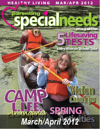 Parenting Special Needs Magazine cover, March/April 2012 issue, featuring "Camp Life," "5 Lifesaving Tests," and "Vision Care Tips.