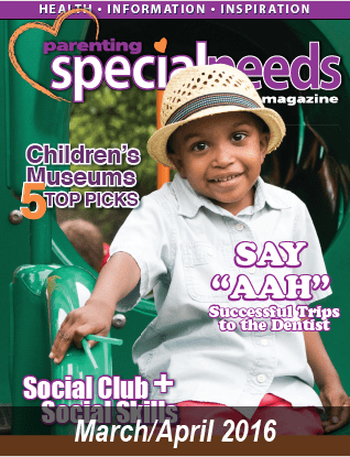Cover of the March/April 2016 issue of Parenting Special Needs Magazine featuring a young boy in a hat.