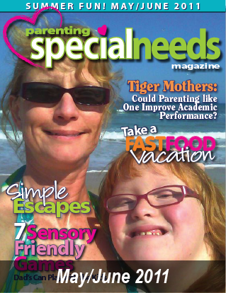 Parenting Special Needs Magazine May/June 2011 cover with two smiling girls on a beach