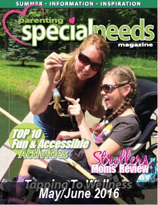 Cover of Parenting Special Needs Magazine May/June 2016 with a woman and child holding a fish.