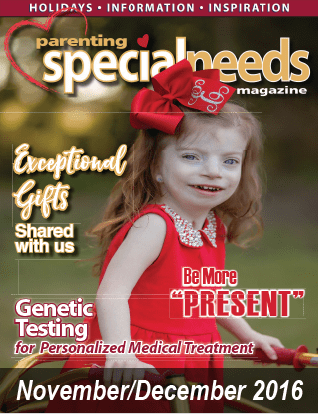 November/December 2016 cover of "Parenting Special Needs Magazine" featuring a young girl in a red dress and a large red bow.