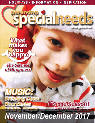 Parenting Special Needs Magazine, November/December 2017 cover with a child in a Santa hat.