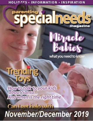 Parenting special needs magazine cover with a boy and a baby.
