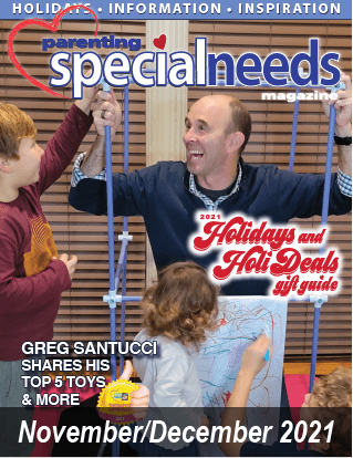 Parenting Special Needs Magazine cover featuring Greg Santucci and children with toys for the November/December 2021 issue.