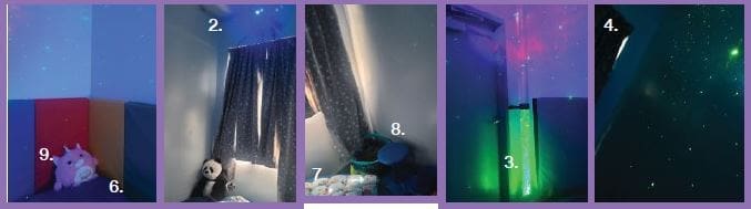 Collage of numbered details showing various features and equipment installed in the calming closet.