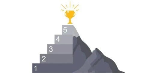 Steps up a mountain leading to a golden trophy.