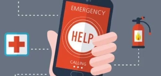 Hand holding a phone with "HELP" displayed, next to a medical cross and fire extinguisher icons.