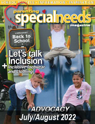 Parenting specialneeds magazine cover for July/August 2022 featuring children on a playground with text about inclusion and back to school.