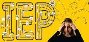 Diagram of "IEP" with icons, next to a distressed person with hands on their head