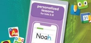 Phone displaying personalized lessons for kids 3-8 with the name Noah.