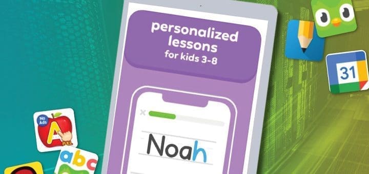 Phone displaying personalized lessons for kids 3-8 with the name Noah.