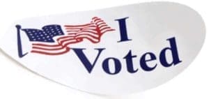 I Voted" sticker with an American flag graphic.