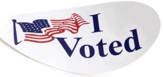 I Voted" sticker with an American flag graphic.