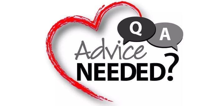 A red heart surrounds the text "Advice NEEDED?" with two speech bubbles above containing "Q" and "A".