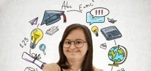 Young woman with Down syndrome surrounded by educational symbols.