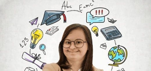 Young woman with Down syndrome surrounded by educational symbols.