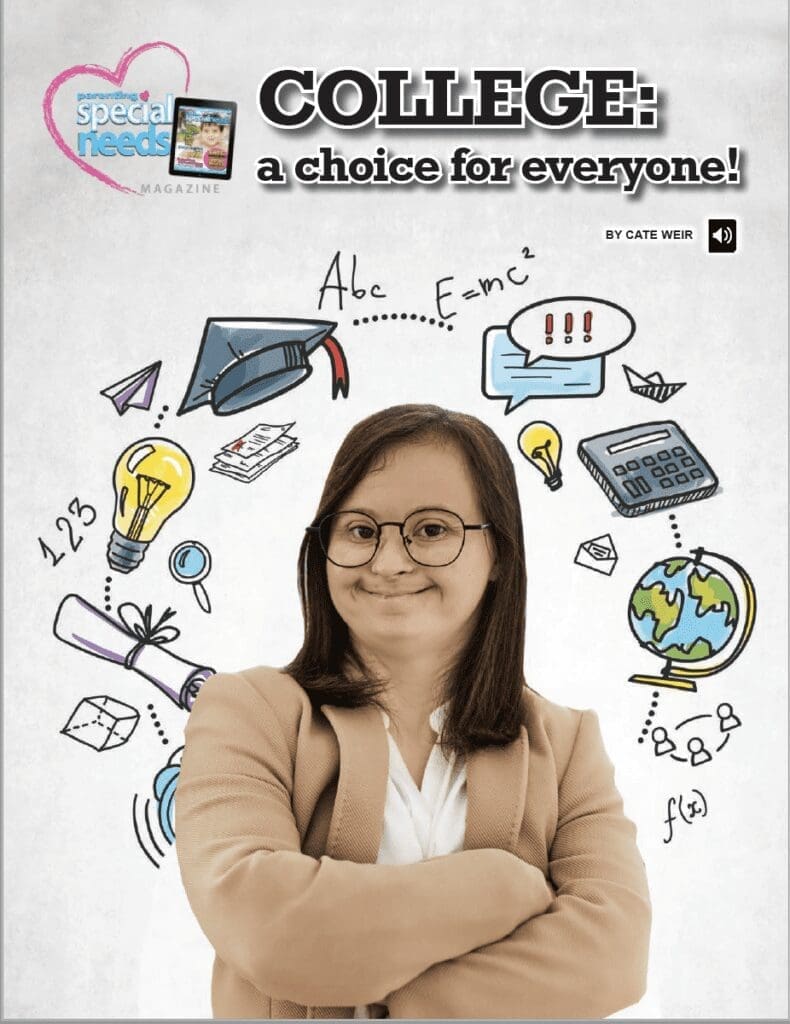 College: a choice for everyone! cover featuring a young woman with glasses in front of a drawing of college-related icons.