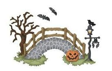 A stone bridge with a spooky tree, jack-o-lantern, and bats for Halloween.