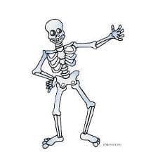Skeleton with arms outstretched, one hand raised in a wave