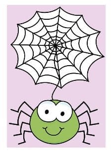 A cartoon spider with a smiley face hangs from a spider web.