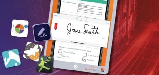 Tablet displaying a form with a digital signature and app icons.