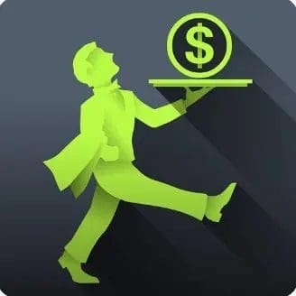 Green silhouette of a person carrying a plate with a dollar coin.