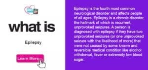 Header text "what is Epilepsy" with a "Learn More" button and a paragraph defining epilepsy.