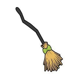 A cartoon witch's broomstick with a black handle and tan bristles tied with a green ribbon.