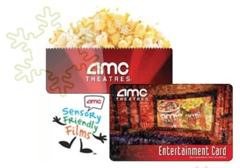 AMC Theatres gift card and popcorn with Sensory Friendly Films logo.