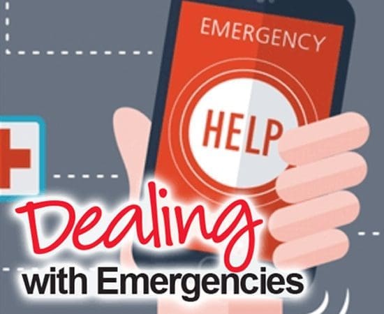 Hand holding a phone displaying "EMERGENCY" and "HELP" with text "Dealing with Emergencies".