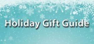 Holiday Gift Guide text on a blue background with snowflakes.